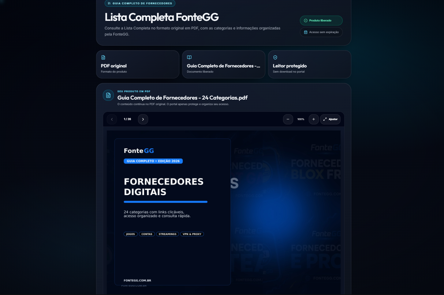 Tela real da Lista Completa FonteGG liberada no portal, com o PDF original protegido